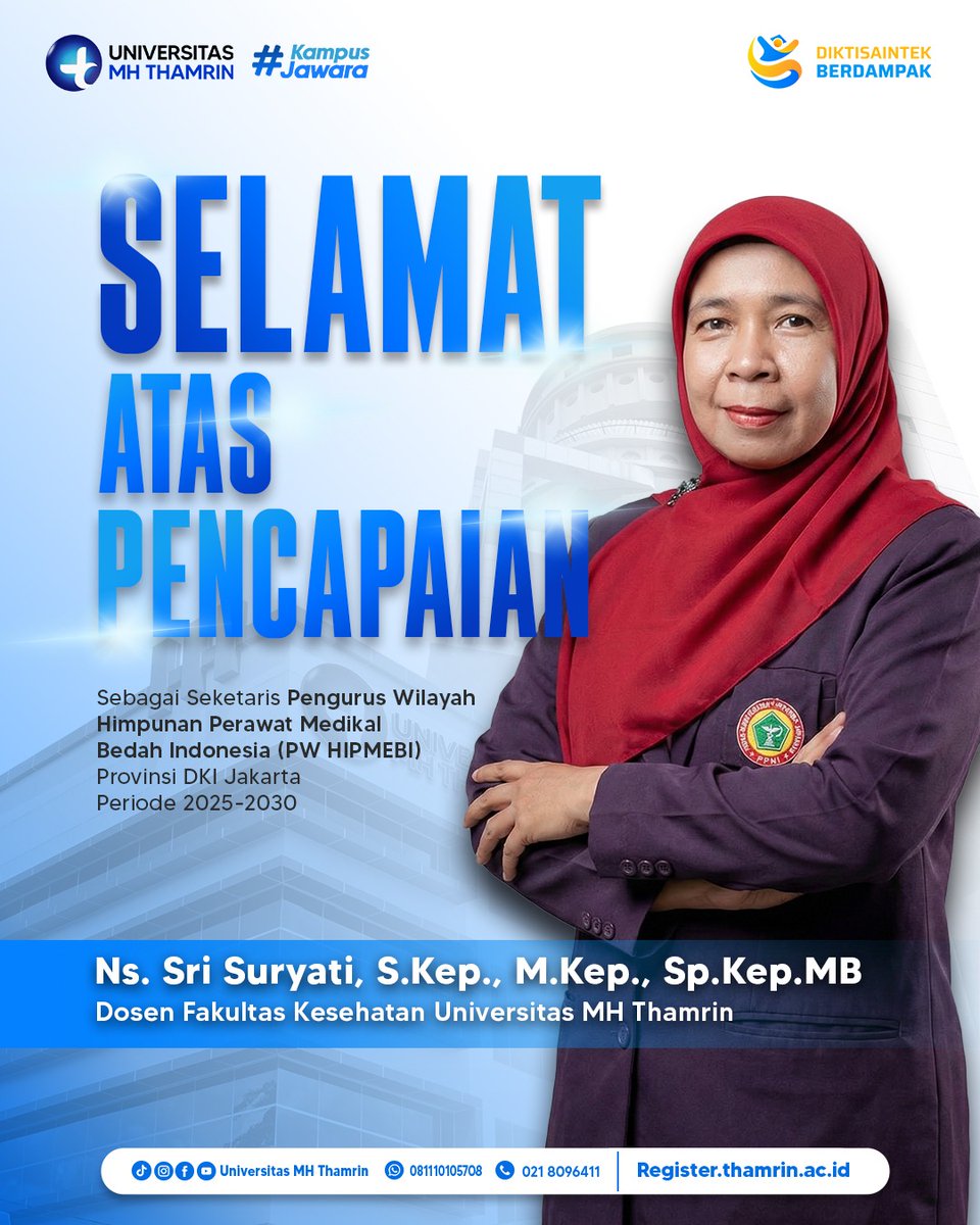 Segenap Civitas Akademika Universitas MH Thamrin mengucapkan

Selamat atas pencapaian Ns. Sri Suryati, S.Kep., M.Kep., Sp.Kep.MB
Dosen Fakultas Kesehatan Universitas MH Thamrin.

#universitasmhthamrin #HIPMEBI #UMHT #kampusjawara