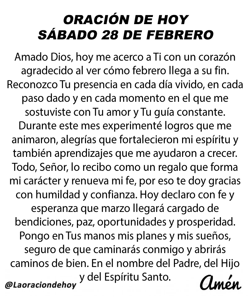 Oración diaria para hoy sábado 28 de febrero de 2026.