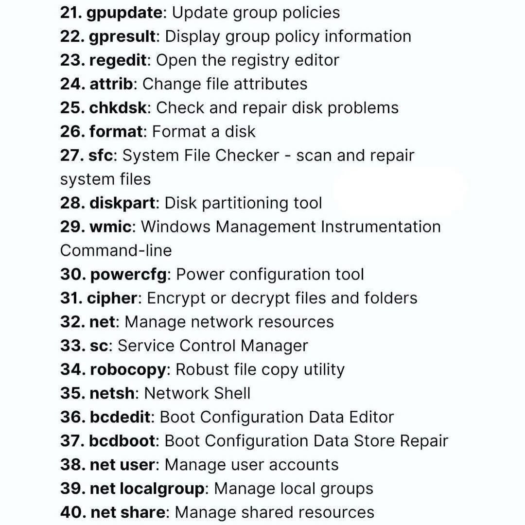 🚀 Master the Windows Command Line: 40 Essential Commands
Whether you are a seasoned SysAdmin, a budding developer, or just someone looking to speed up your workflow, mastering the Command Prompt (CMD) is a game-changer.
While modern GUIs are great.

#Windows #ITSupport #Cyber
