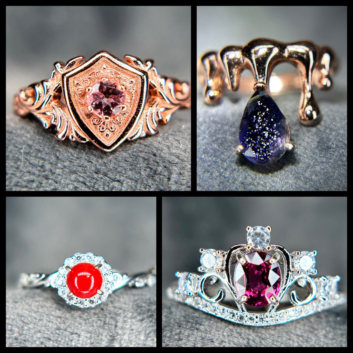 Inormal365's tweet image. 本日出品の4点😊
20時～販売開始です。

・ピンクトルマリンを使用した、ガーディアンリング🛡💕

・血赤珊瑚のナチュラルリング🪸

・アイオライトサンストーンを使用した、ドリップリング🌌

・マラヤガーネットのティアラリング👑