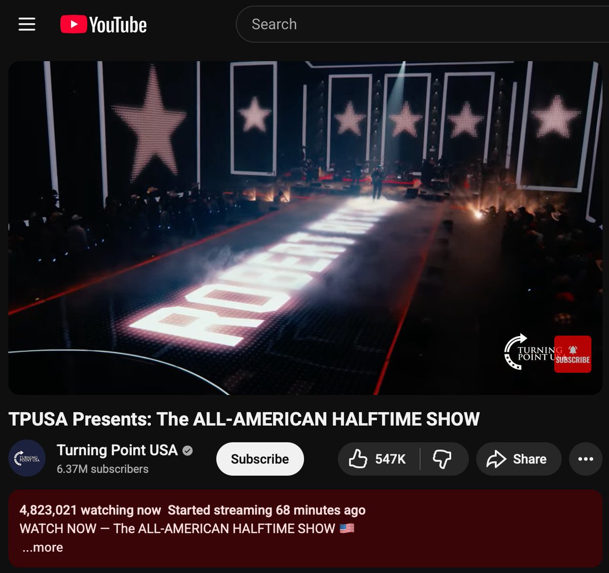 Raz_Ma_Taz's tweet photo. @mattvanswol LOOK 👀🤩😍  @TPUSA 's All American Halftime Show on their youtube channel alone, not counting viewers on all other channels on Rumble, Youtub, RAV, TBN and other networks. 
🇺🇸4,823,021🇺🇸 right NOW on TPUSA youtube!  

@NFL @Superbowl bad move w/DEPRAVED BUNNY. https://t.co/1BdMQokIXA