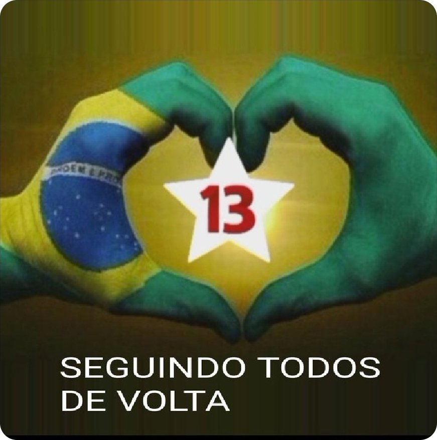 Lula 4 vem aí 
#LulaOutraVez
#LulaBrasilForte
#Lula2026
#LulaDeNovo

Se você me seguir, sigo vc.
Quando batermos a meta, vamos DOBRAR a meta!!! 🤜🏼🤛🏼
Agradecimentos ao idealizador dessa campanha:
<a href="/Nilsonhandebol/">N.H</a> 
<a href="/NHandebol72173/">NilsonHandebolNews</a>