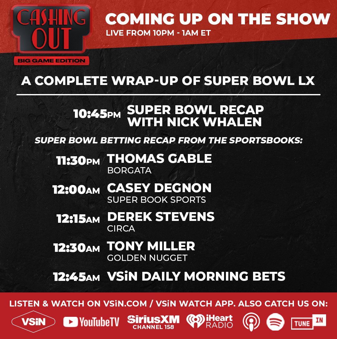 Get your complete #SuperBowlLX  wrap-up alongside <a href="/DustinSwedelson/">Dustin Swedelson</a> on tonight’s Cashing Out at 10 PM ET!

🏈 with <a href="/DerekJStevens/">Derek Stevens</a>, <a href="/Wha1en/">Nick Whalen</a>, <a href="/tgablesports/">tgablesports</a>, <a href="/CDinVegas/">casey degnon</a>, <a href="/Gollumlv/">Tony Miller</a>

Watch Live at: vsin.com/shows/vsin-liv…