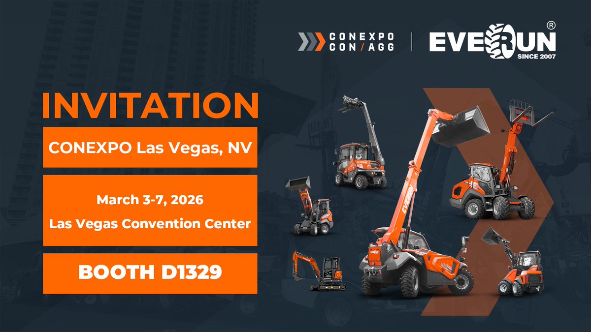 everun2007's tweet image. Everun warmly invites you to visit us at CONEXPO 2026📩
📍 Las Vegas Convention Center
🗓 March 3–7, 2026
🏷 Booth D1329

We look forward to meeting you in Las Vegas!
#Everun #Compactwheelloaders #loaders #LasVegasConvention
