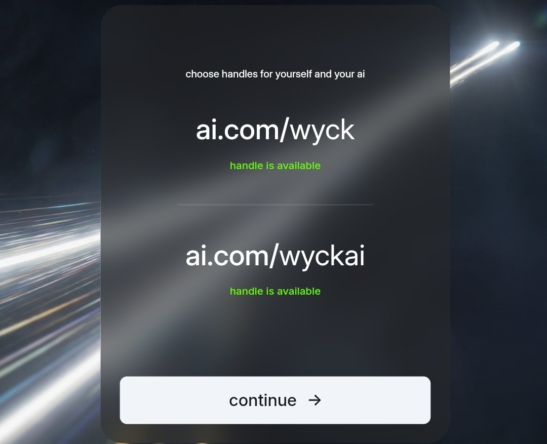 wyckoffweb's tweet image. I just claimed my handle on @aidotcom, and here’s how you can do the same:

- Go to: ai.com
- Connect your gmail account
- Choose a handle for yourself and your AI
- If available, click continue
- Add a card to verify you’re human

That’s all you need to do for…