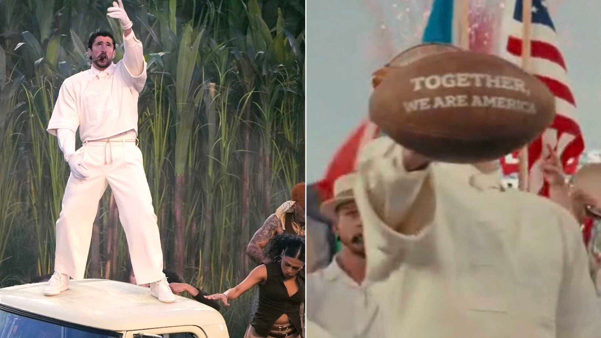 Complex's tweet photo. Bad Bunny's Super Bowl halftime show highlights unity with 'Together, We Are America.' Read more: https://t.co/lBnC0NGMJ5 https://t.co/m7AP8ya9gF