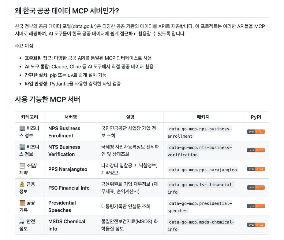 🔌 공공 데이터 포털 MCP
github.com/Koomook/data-g…

이건 너무 유용하겠네요! 바로 설치하러 갑니다아~

한국 공공 데이터 포털에서는 다양한 공공 기관의 데이터를 API로 제공하죠. 이것들을 MCP 서버로 래핑하여, AI 도구들이 한국 공공 데이터에 쉽게 접근하고 활용할 수 있도록!

사용 가능한 MCP