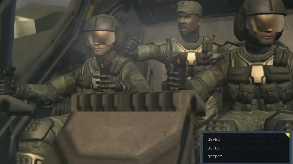 "The message just repeats. Defect, Defect, Defect."
"Touching, any idea what it means?"

"Dear Humanity. We regret being defective bastards, we regret our defective war, and we most definitely regret the corps just blew up our defective ass fleet!"

"OOH-RAH!"