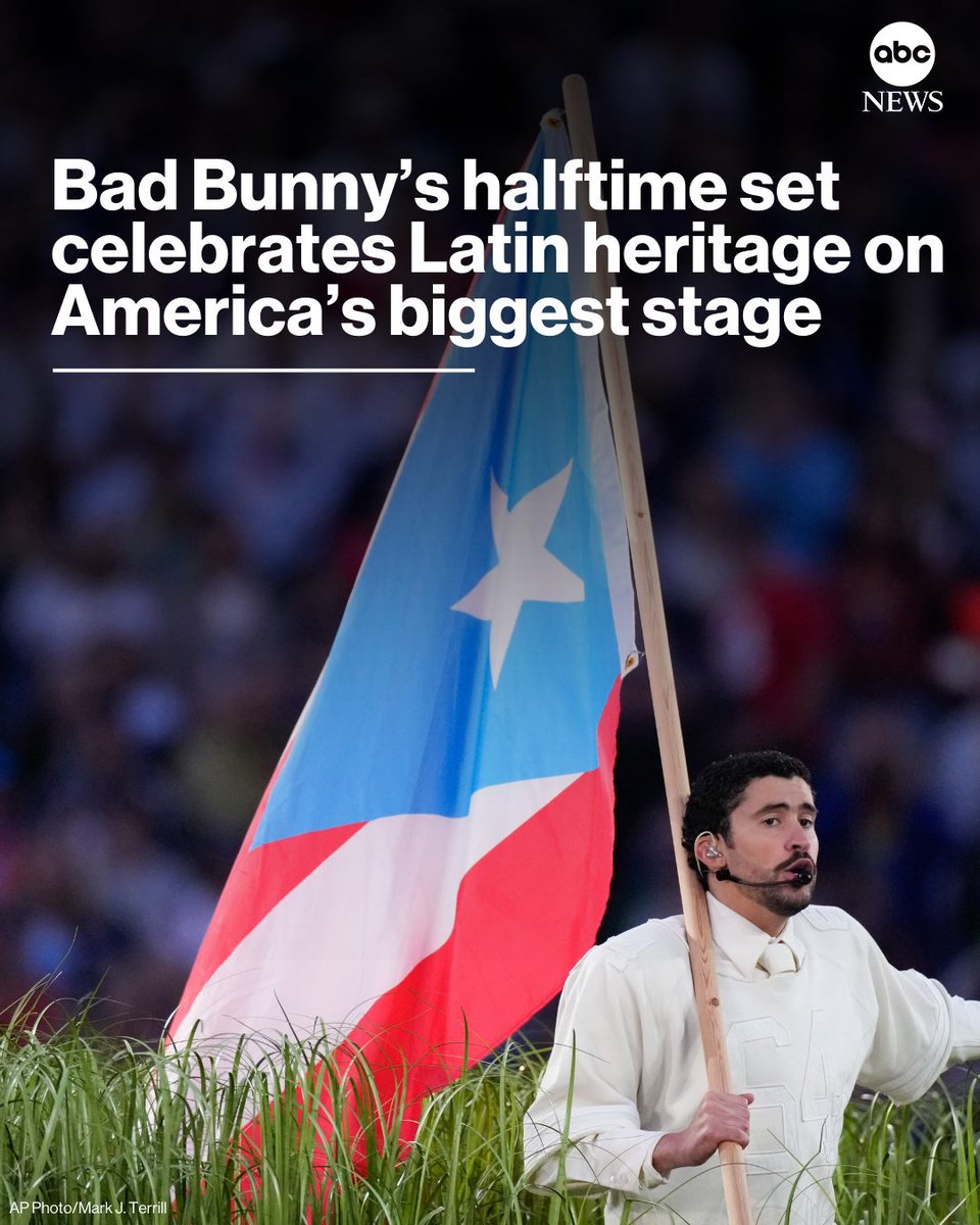 ABC's tweet image. Bad Bunny delivered a stand-out performance at the halftime show on Sunday, paying homage to his Latin heritage and roots.  
 
The Grammy-winning global sensation brought his Puerto Rican culture to Levi Stadium in Santa Clara, California, along with a collection of his hit…