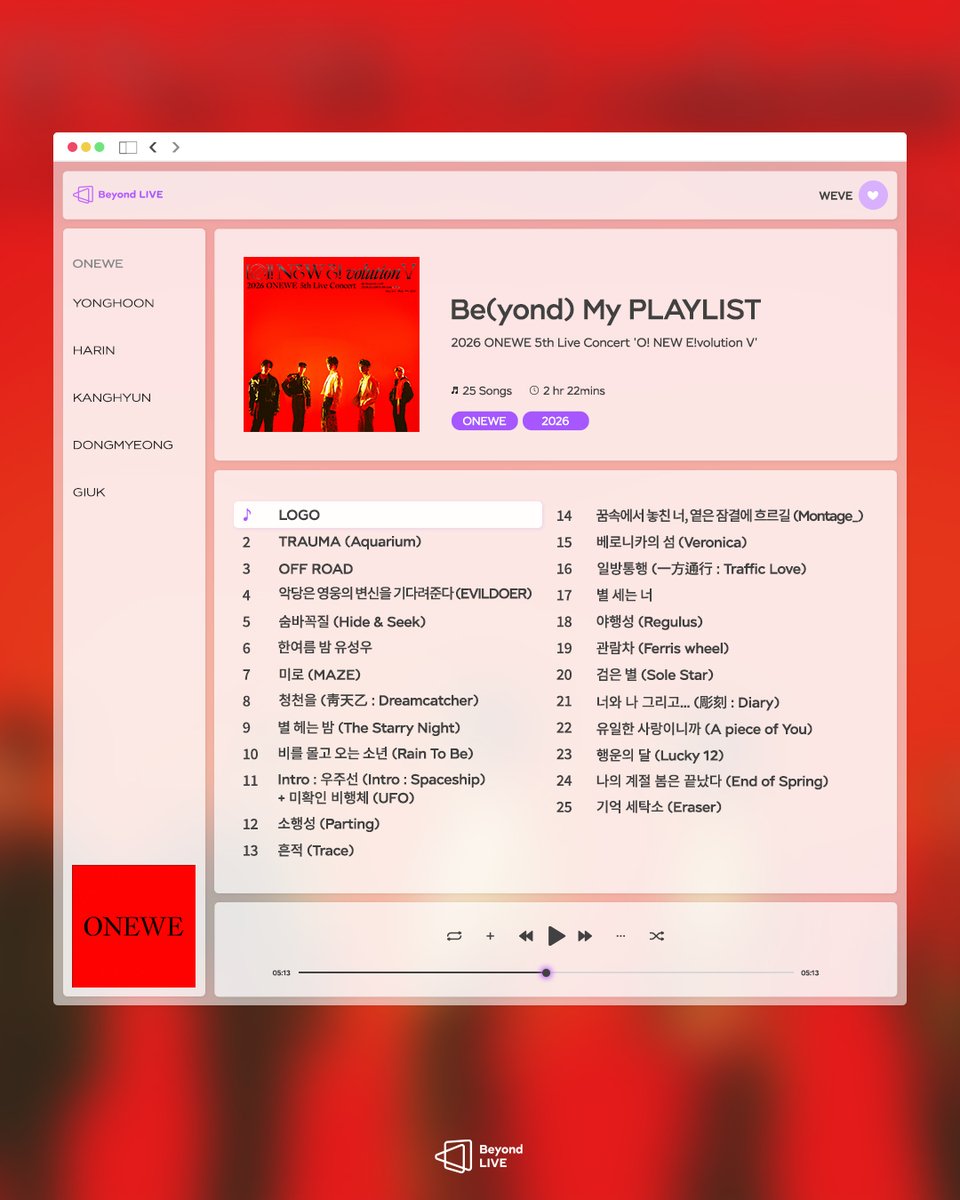 Beyond_LIVE's tweet photo. Beyond LIVE - 2026 ONEWE 5th Live Concert ‘O! NEW E!volution Ⅴ’

🎧
Be(yond) My PLAYLIST
; ONEWE

돌고 돌아 WEVE를 다시 만날 테니까🎠

✅ Beyond LIVE
https://t.co/8pMNJzXxRu

📆 Re-Streaming : 3/8(SUN) 5PM(KST)

🎫 Ticket Sales Period
Re-Streaming ONLY: ~ Mar 8, 2026 (SUN) 6PM (KST)

#ONEWE
#O_NEW_Evolution_V
#ONEWE_5th_Live_Concert
#O_NEW_Evolution
#BeyondLIVE #비욘드라이브
