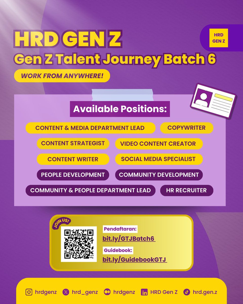 hrd_genz's tweet photo. HRD Gen Z buka oprec lagi nih!📢

Setelah sekian "lama", Gen Z Talent Journey is back! 🤩

Buat kamu yang pengen intern sambil dapet hands-on experience &amp; belajar di work environment yang kolaboratif, you might not wanna miss this✨️ https://t.co/1sLahXCd9Z