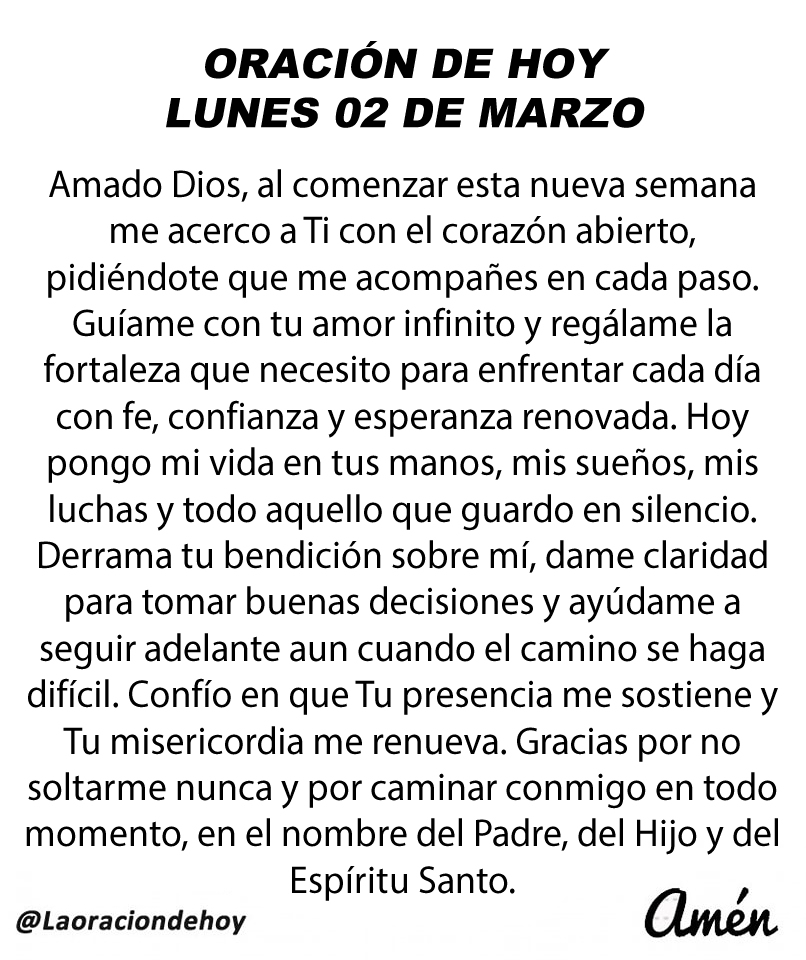 laoraciondehoy's tweet photo. Oración diaria para hoy lunes 2 de marzo de 2026. https://t.co/nO8osq4Mvi