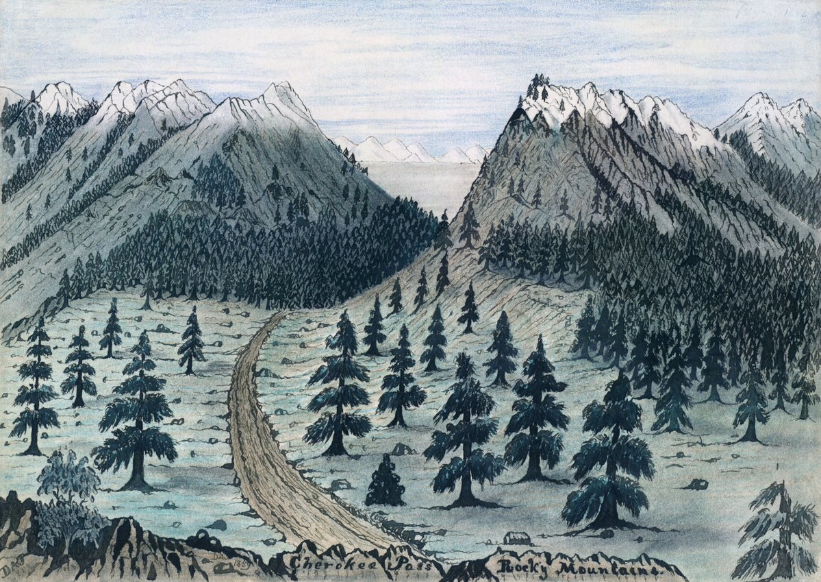 Rocky Mountains, Cherokee Pass: "Drawing shows a dirt trail among pine trees leading toward a heavily forested pass between snow-capped mountains. This pass, near present-day Ft. Collins, Colorado, heads north toward the Oregon and California Trail. This was camp 59 for Jenks'