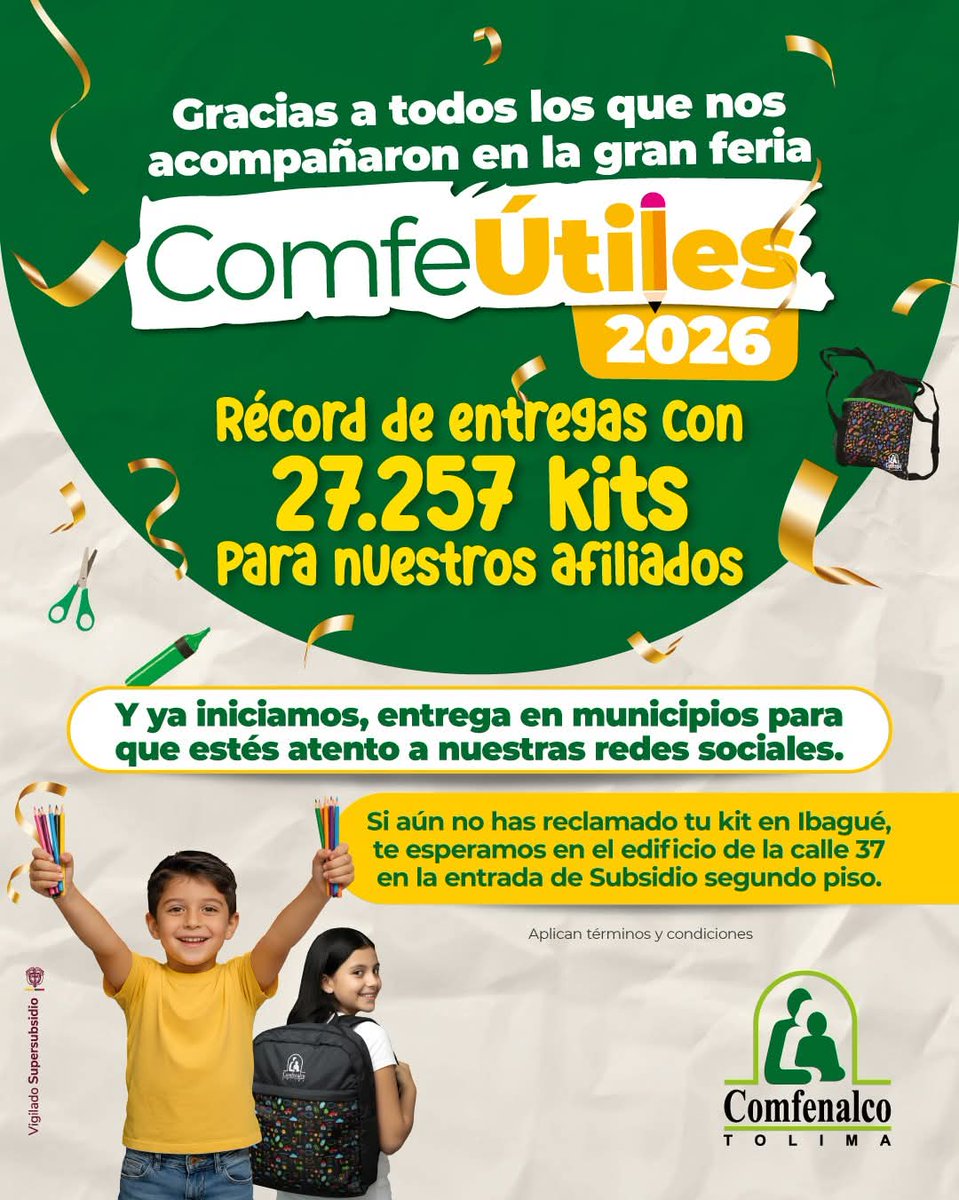 #ComfenalcoTolima✨📚 ¡Todo un éxito! Comfeútiles 2026 cerró con un resultado histórico 🥳

Entregamos más de 27 mil kits escolares a nuestros afiliados en Ibagué, un alivio económico, sonrisas y más oportunidades <a href="/comfetol/">Comfenalco Tolima</a>

facebook.com/share/p/17x3a5…