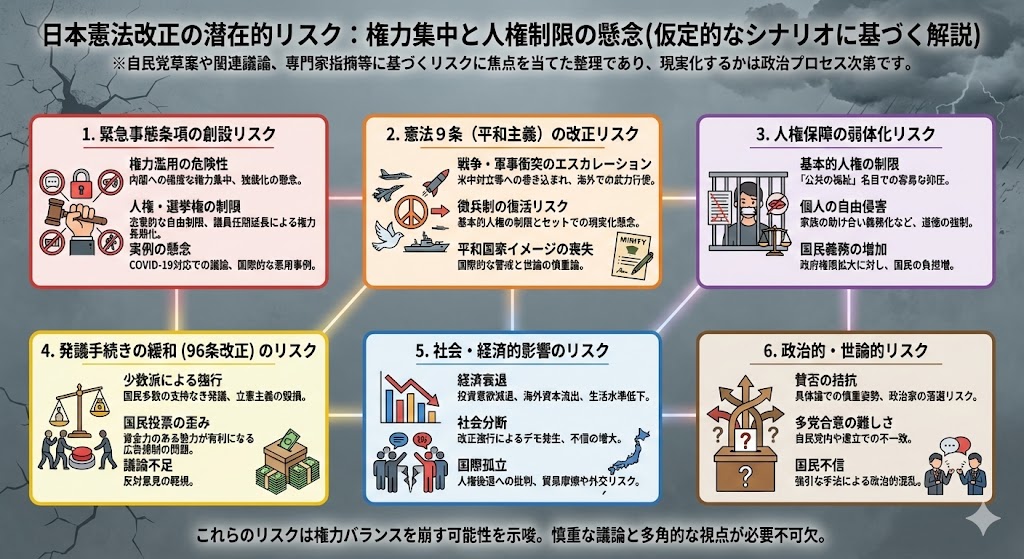 kazu_uracorona's tweet image. 日本憲法改正と自民党圧勝のリスク

この文書は、憲法改正と自民党が選挙で大勝した場合の懸念点をまとめたものです。
主なリスクを分かりやすく説明します。

憲法改正の主なリスク
1.…