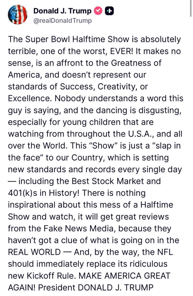 LauraLoomer's tweet image. President Trump said the Super Bowl Halftime Show with Bad Bunny is “absolutely terrible, one of the worst, EVER!”

He’s right!