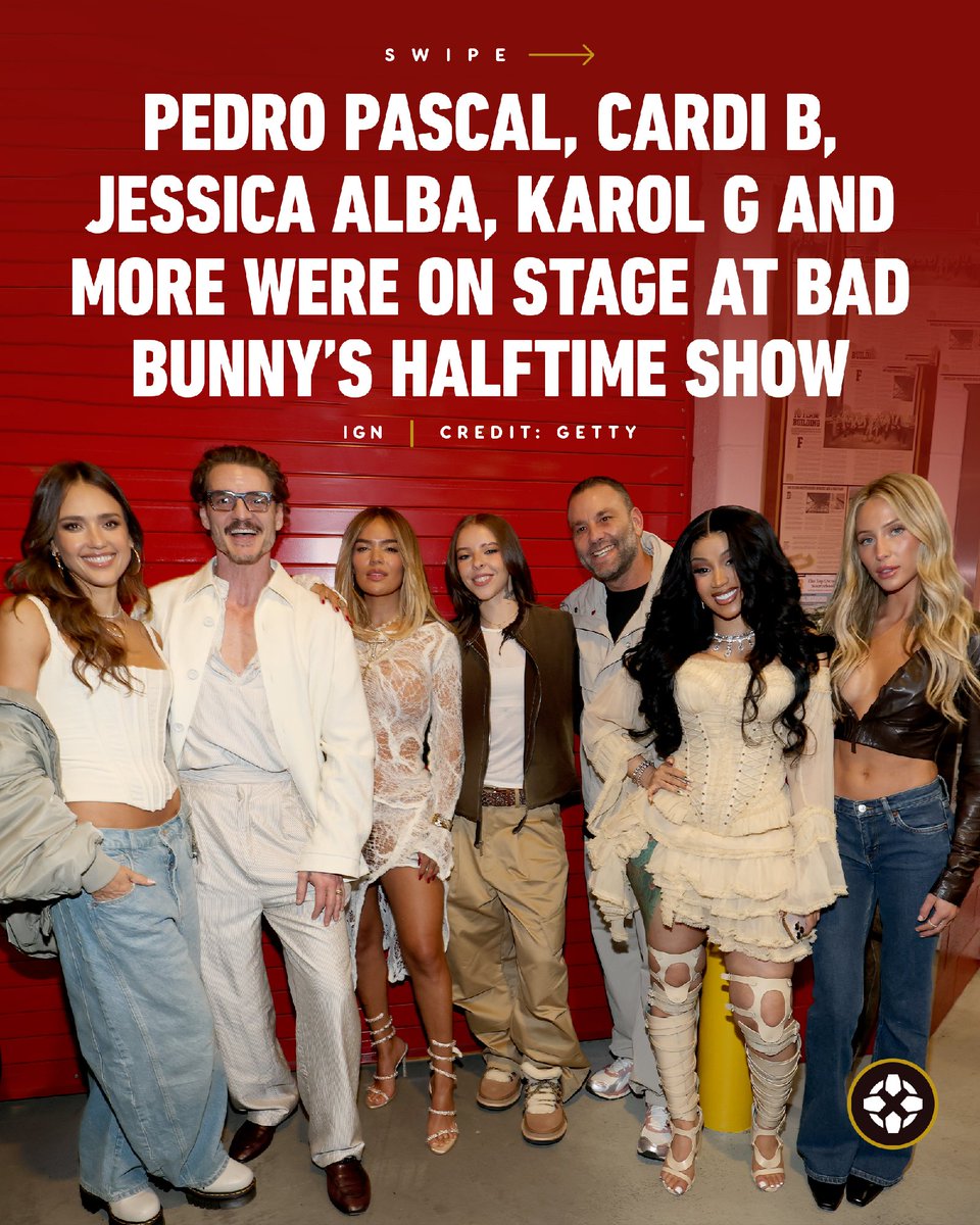 IGN's tweet image. Bad Bunny invited Mr. Fantastic/The Mandalorian/Joel Miller/The Red Viper of Dorne himself Pedro Pascal to join him on-stage at the Big Game's halftime show, alongside stars like Cardi B, Jessica Alba, Karol G, Young Miko, David Grutman, and Alix Earle.