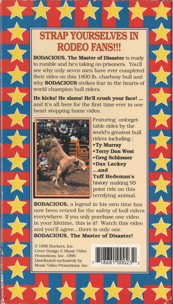 ArcOnInternet's tweet photo. Bodacious: The Master of Disaster (Video, 1996) https://t.co/F63tRZxOZK

A video about Bodacious, one of the seventeen bulls and cows that have their own Wikipedia pages. https://t.co/cMN2Ipi9bi