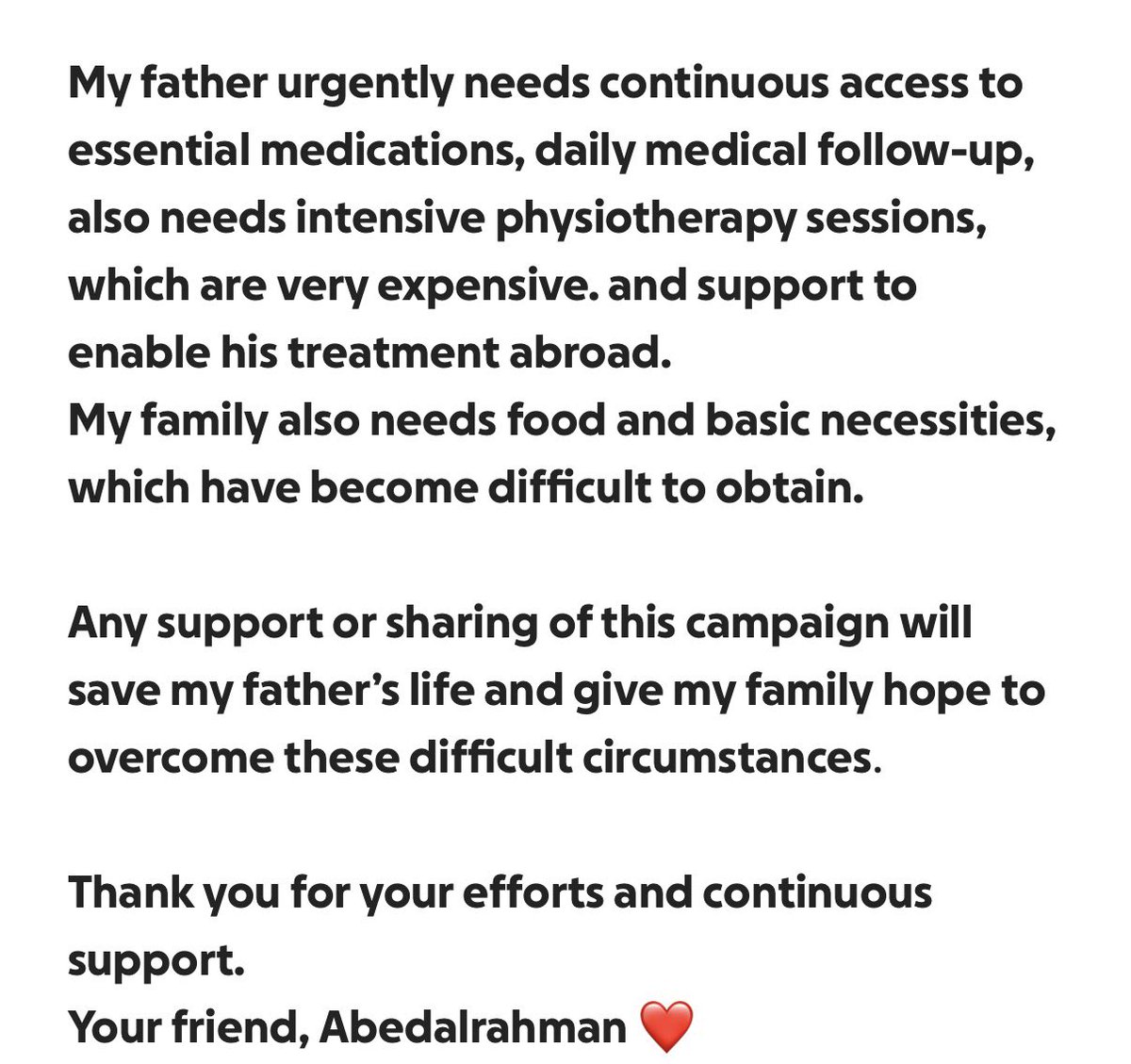 Please consider donating to and sharing Abdullah’s gofundme if you can ❤️ He and his family are still trapped in Gaza and in need of funds for his father’s medical treatment. Any amount helps!! Donate here: gofund.me/83ece2ea5