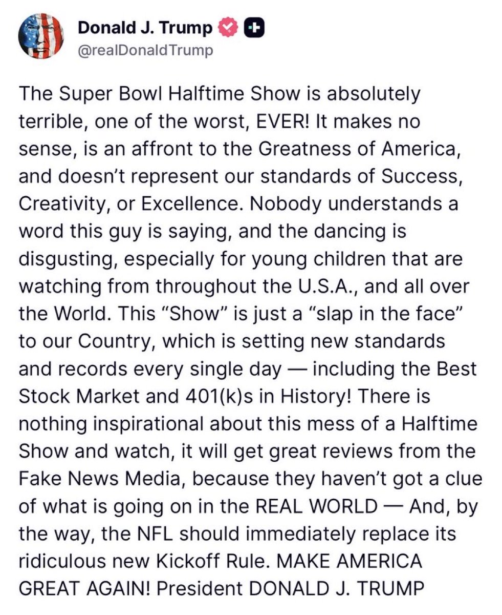 President Donald Trump on Super Bowl game &amp; Bad Bunny show 🔥

Your thoughts 🤔