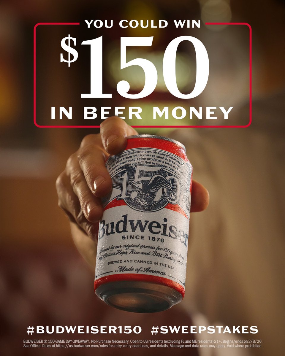 Celebrate our 150th Anniversary by being one of 150 winners to get $150 of beer money. ​
​
Reply with #Budweiser150 and #Sweepstakes for your chance to win.
