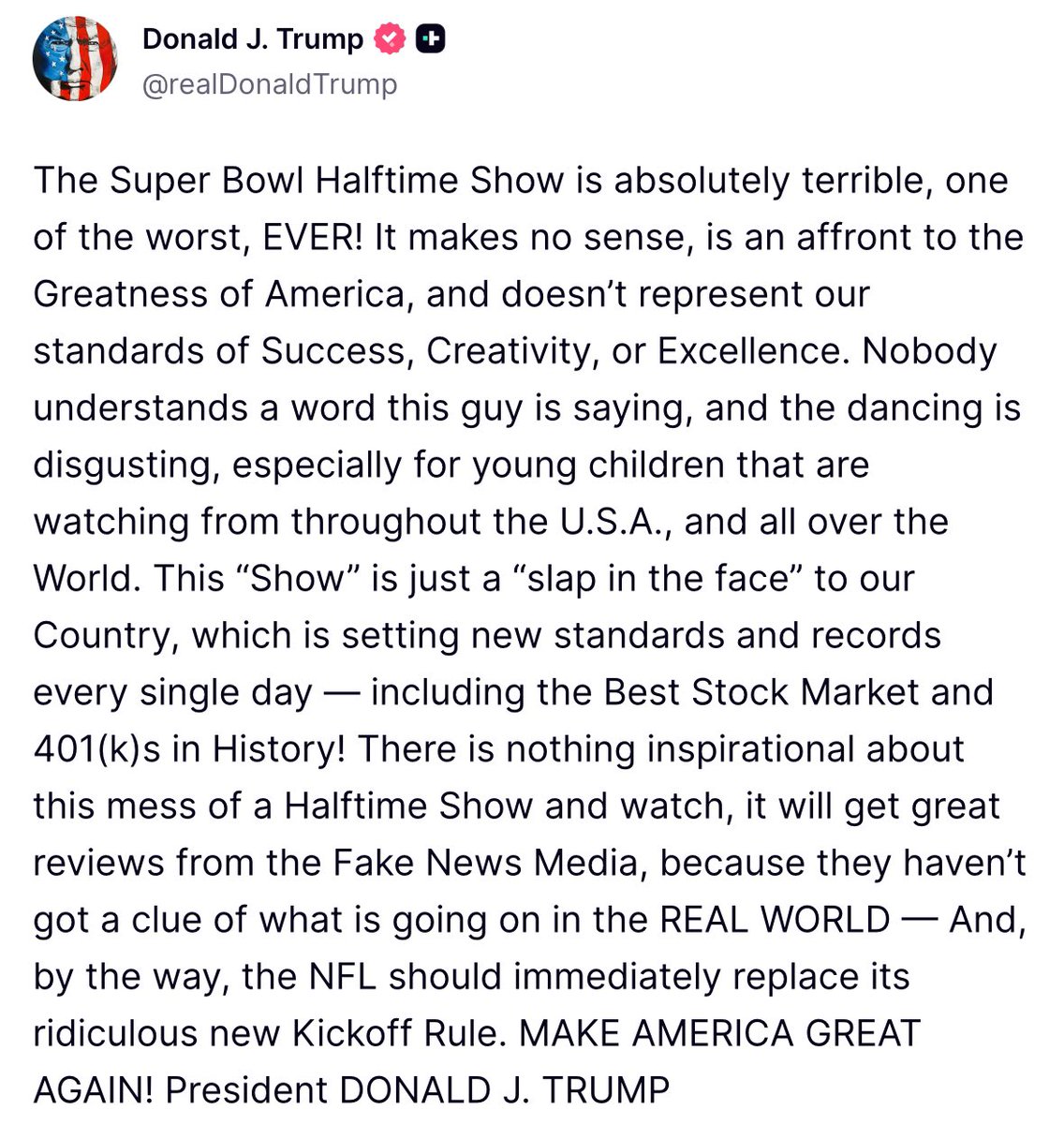 AlertaMundoNews's tweet image. 🇺🇸 | ÚLTIMA HORA: Donald Trump critica la actuación de Bad Bunny en el #SuperBowl: 

“Nadie entiende ni una palabra de lo que dice este tipo, y el baile es repugnante, sobre todo para los niños pequeños que lo ven…”