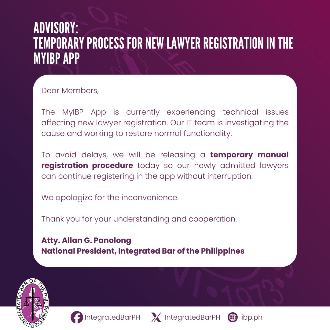 IntegratedBarPH's tweet photo. ADVISORY: Temporary Process for New Lawyer Registration in the myIBP App https://t.co/krg1DSV0i2