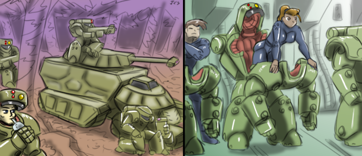 The "RMIL Men" setting is our fun idea of "army men toys but in space!"

Taking inspirations from our favorite properties like heinlein starship troopers, starcraft and exo squad

We will soon have 90's style toy commercials coming out at <a href="/MechbayFigures/">Mechbay</a>