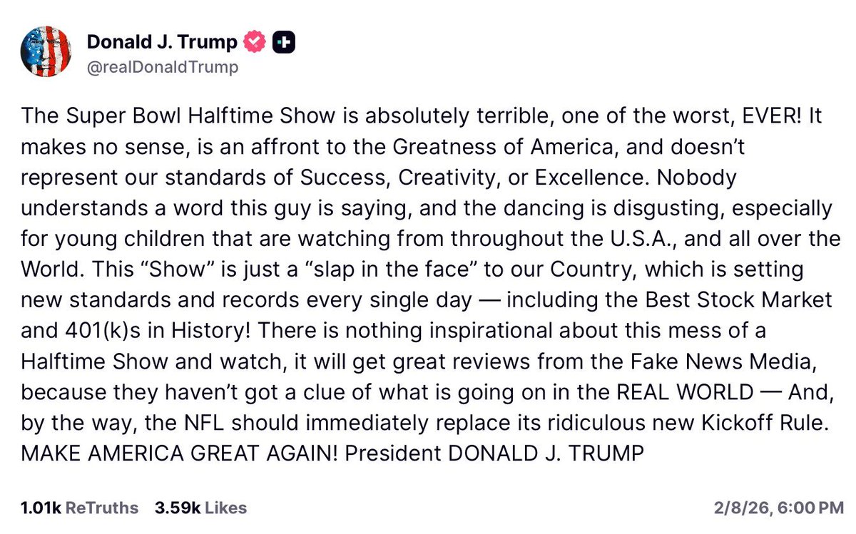 covie_93's tweet photo. Bad Bunny: 
"The only thing more powerful than hate is love."
"Together we are America"

Trump: "The Super Bowl halftime show....makes no sense, is an affront to the greatness of America"

But MAGAts call Bad Bunny divisive. https://t.co/IHN8o8Wams