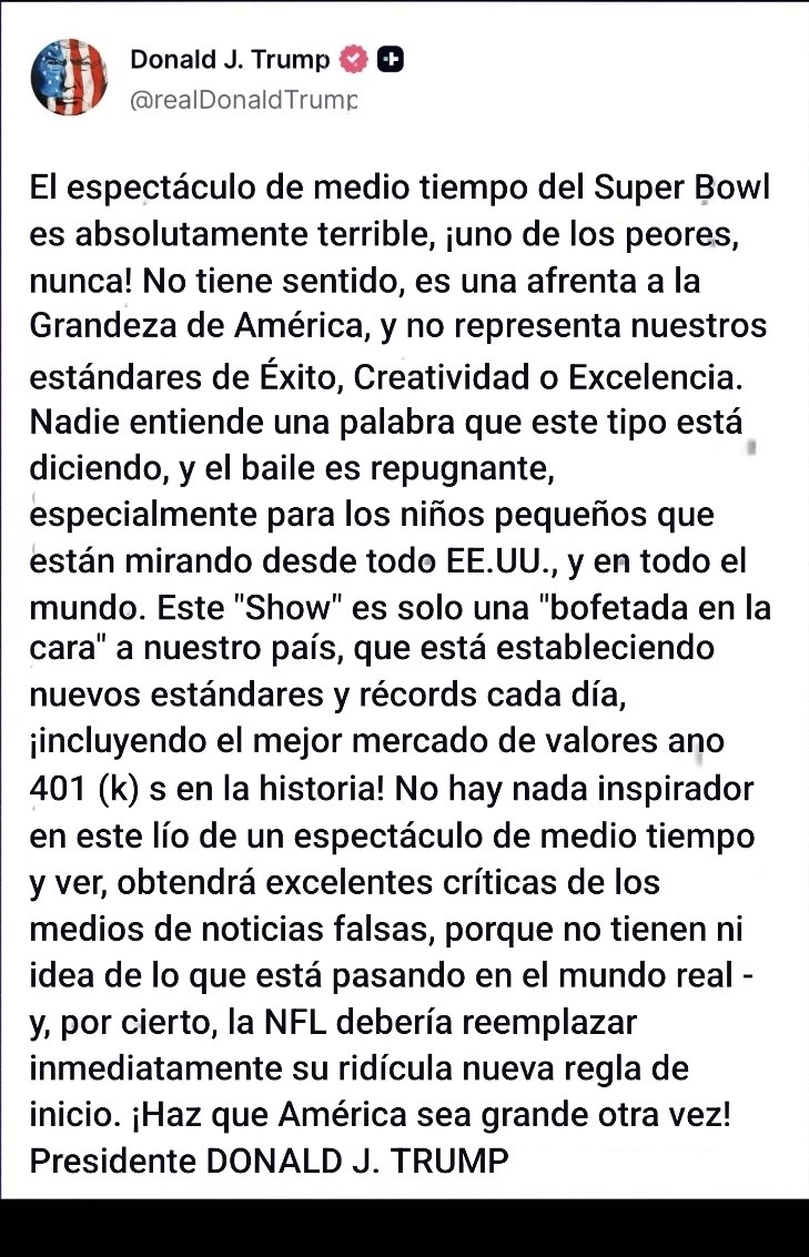 Lo grande que será bad bunny que tuvo a Trump pendiente al show y encima ya lo tiene llorando.
#SuperBowl