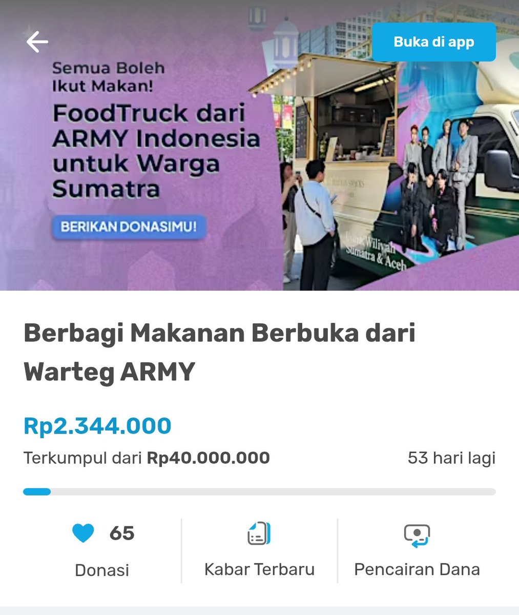BtsarmyPeduli's tweet image. Army, langkah kecil hari ini jadi harapan besar. Donasi terkumpul Rp2.344.000 dari target Rp40.000.000. Bantuan akan disalurkan langsung oleh relawan ARMY tanpa perantara ke warga miskin ekstrem &amp;amp; terdampak bencana Aceh–Sumatera. Ikut: kitabisa.com/WARTEGfromARMY

#BTSComeback2026