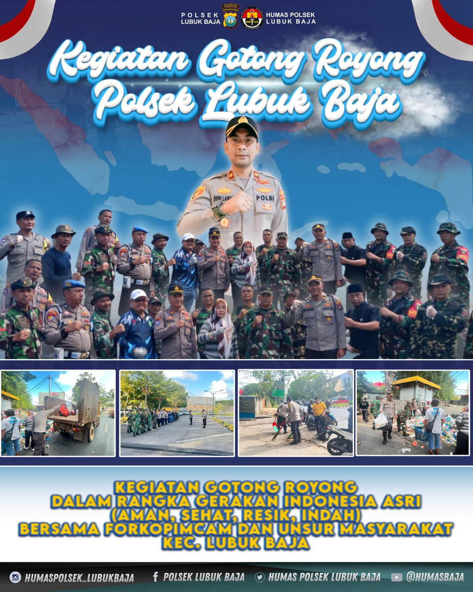 HumasBaja's tweet photo. KEGIATAN GOTONG ROYONG DALAM RANGKA GERAKAN INDONESIA ASRI (AMAN, SEHAT, RESIK, INDAH) BERSAMA FORKOPIMCAM DAN UNSUR MASYARAKAT KEC. LUBUK BAJA 

MARI BERPARTISIPASI 
#PolsekLubukBaja

AYO KITA JAGA KOTA BATAM
BERSAMA KITA BISA
========================================= https://t.co/K812VvLTAI