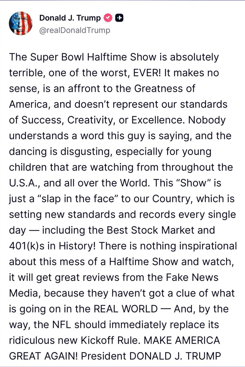 unpocotendencia's tweet image. “Donald Trump”

Por los dichos de Donald Trump sobre la actuación de Bad Bunny en el Súper Bowl 2026.