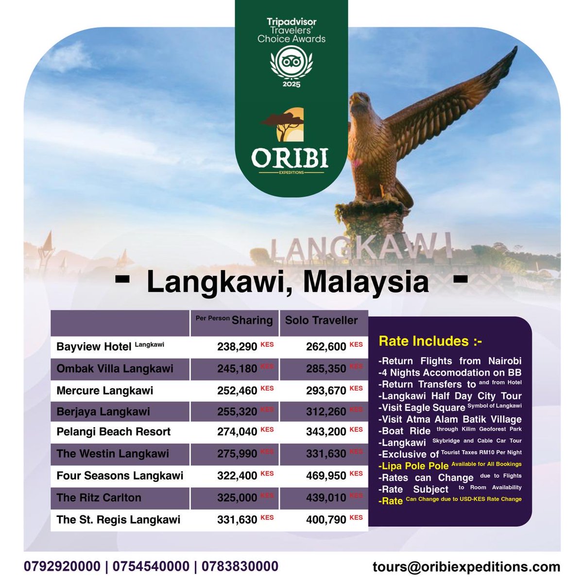 Renowned for its UNESCO Global Geopark status, sandy beaches like Pantai Cenang, and lush rainforests, Langkawi, the "Jewel of Kedah," is a stunning duty-free archipelago of 99 islands in northwestern Malaysia
___

☎️ 0754540000 or 0793930930
📧 tours@oribiexpeditions.com