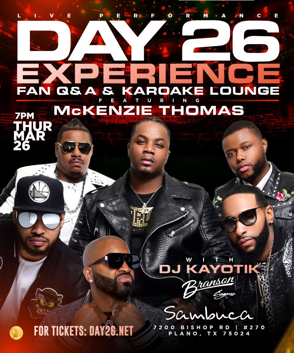 qgotjokes's tweet photo. @day26 will b pulling up to Dallas Thurs March 26th @ Sambuca 360 in the Shops Of Legacy at 7pm with special guest Mckenzie Thomas! Run 2 https://t.co/wZWSheIXil to get tickets and meet n greet passes. 
@qualityevntsdfw @MicMoodswing @DJKAYOTIK on sound track duties! #Branson https://t.co/uqyYki3gKE