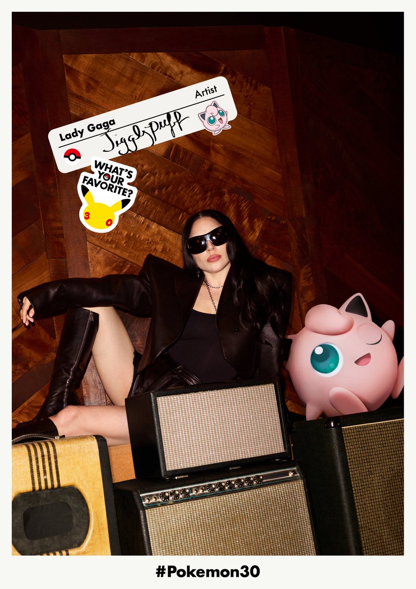 Promotional images for Lady Gaga featuring her favorite Pokémon, Jigglypuff #Pokemon30 pokejungle.net/2026/02/08/pok…
