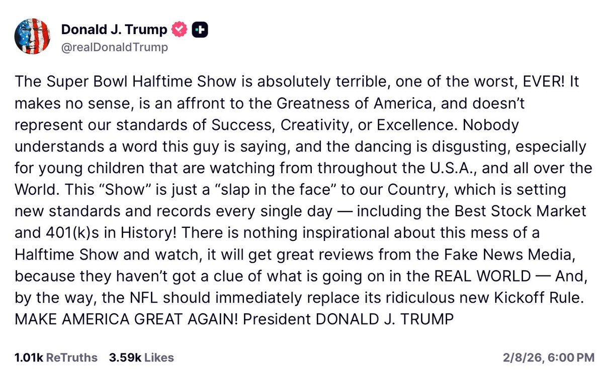 Mr Trump, If you’re worried about what kids can see, they can literally type your wife’s name into Google and learn more about adulthood than a halftime show ever could.