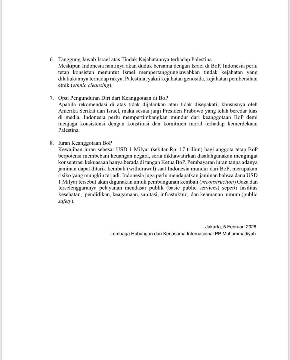 ternyata Muhammadiyah ngirim surat ke prabowo, sebenernya udah jelas BoP ini isinya full masalah kok