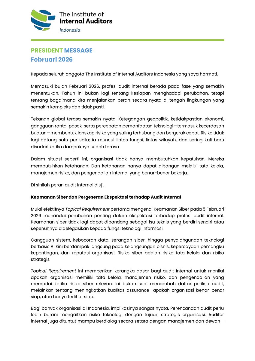 IIA_INDONESIA's tweet photo. Memasuki bulan Februari 2026, profesi audit internal berada pada fase yang semakin menentukan dalam menjalankan peran secara nyata.
Selengkapnya dalam IIA Indonesia President Message Februari 2026 di tautan: https://t.co/UBblMpvLSb
#IIAIndonesia #PresidentMessage #InternalAudit https://t.co/3jcCHIeJOd