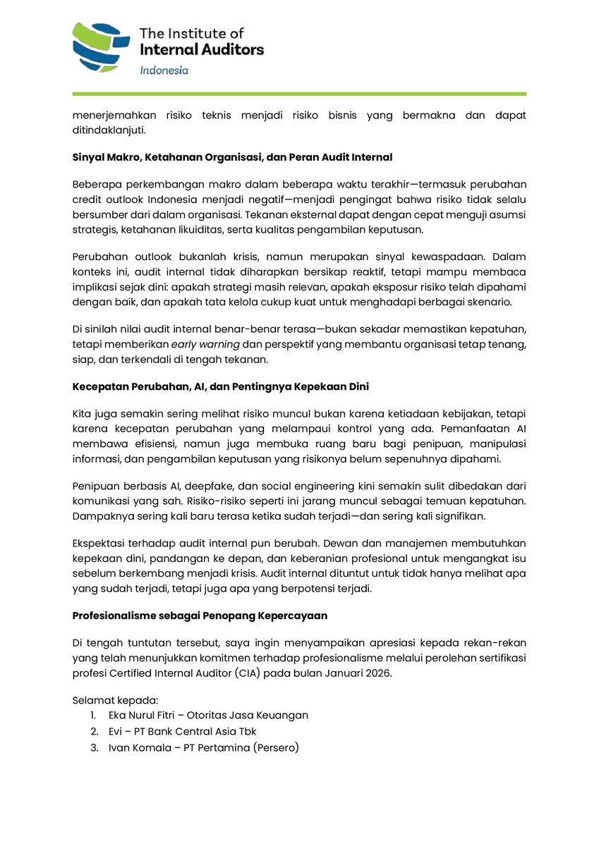 IIA_INDONESIA's tweet photo. Memasuki bulan Februari 2026, profesi audit internal berada pada fase yang semakin menentukan dalam menjalankan peran secara nyata.
Selengkapnya dalam IIA Indonesia President Message Februari 2026 di tautan: https://t.co/UBblMpvLSb
#IIAIndonesia #PresidentMessage #InternalAudit https://t.co/3jcCHIeJOd