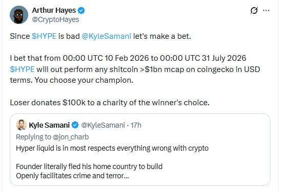 🔥 Arthur Hayes thách thức Kyle Samani kèo cá cược lên đến 100K$ về token Hyperliquid

Anh chàng Hayes đề xuất kèo, giá của HYPE sẽ tăng vượt trội so với bất kỳ loại tiền điện tử nào khác có vốn hóa thị trường vượt quá 1 tỷ đô la trên CoinGecko.

Quan trọng