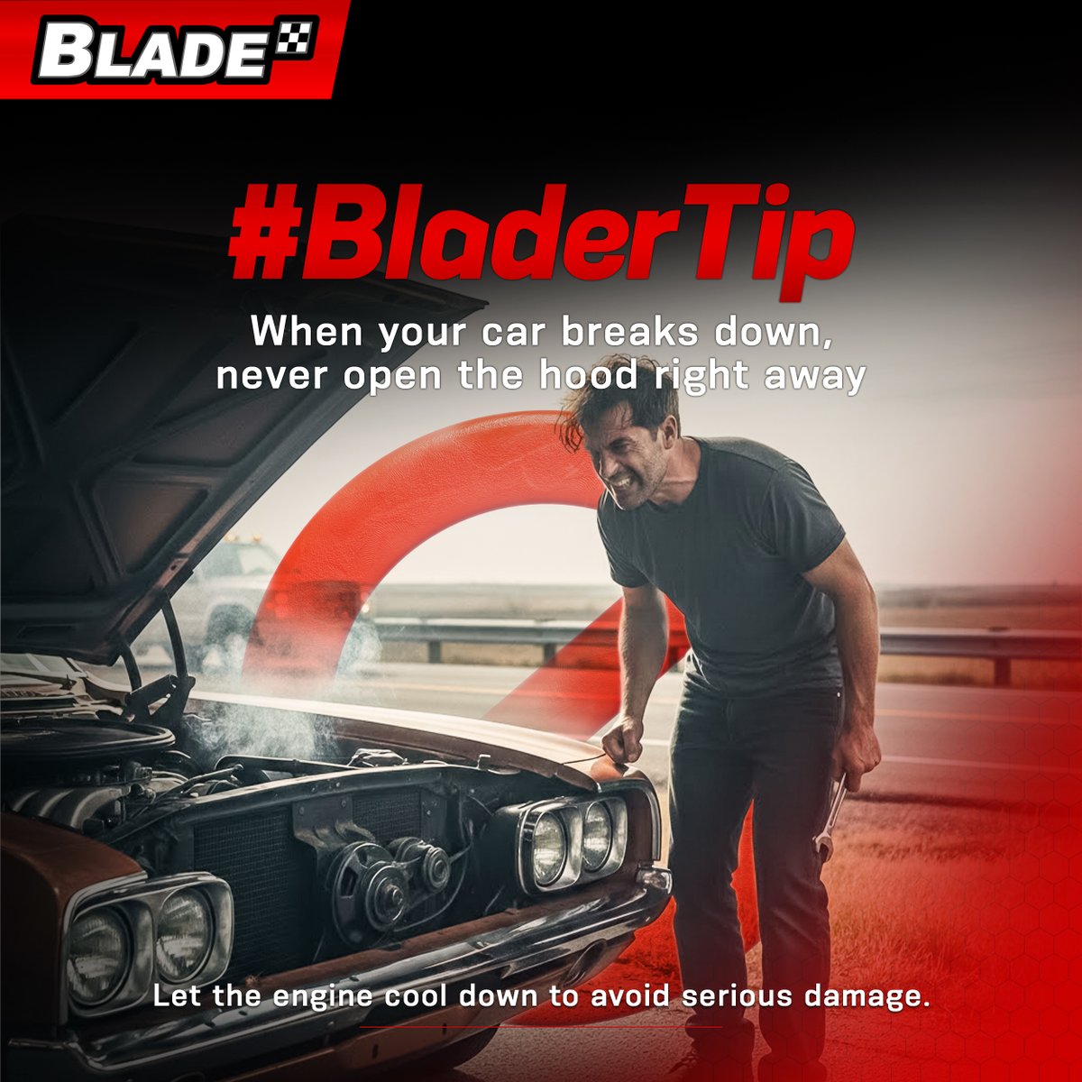 BladeAutoCenter's tweet image. #BladerTip 💡
🚨 When Your Car Breaks Down, Never Open the Hood Right Away

If the engine is hot or smoking, opening the hood immediately can cause serious burns.
Pull over safely, turn on your hazard lights, and give the engine time to cool down before checking.