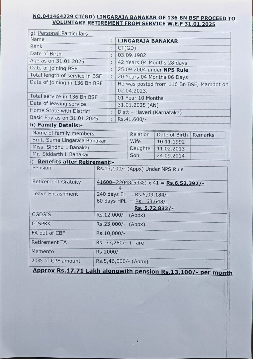 देश की सीमा पर 20 साल सेवा देने वाले BSF जवानों की हालत बेहद निराशाजनक है। लिंगराज जैसे वीर सैनिक NPS के तहत सिर्फ ₹13,000 पेंशन पर रिटायर हुए, जबकि उन्होंने अपना जीवन देश की सुरक्षा में समर्पित किया।

वहीं, नेताओं और अधिकारियों को चार-चार OPS के साथ वेतन भी मिलता है। यह स्पष्ट