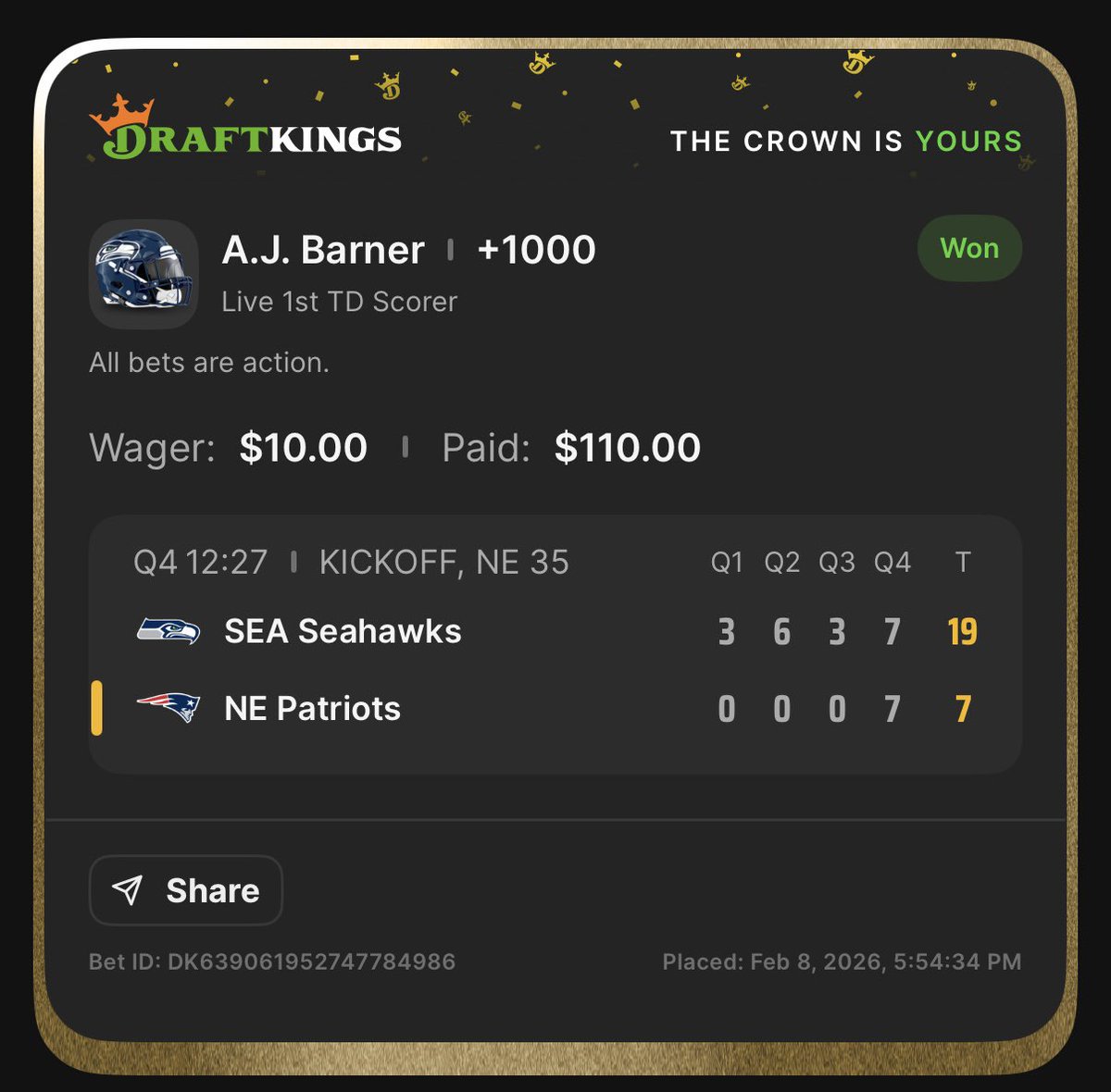 CASH. Threw low money, but love this hit #SuperBowl #SuperBowlLX #NFL