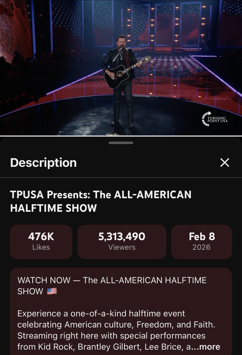 Not only does <a href="/TPUSA/">Turning Point USA</a> have chapters ran by brave <a href="/tpusastudents/">TPUSA Students</a> on thousands of college &amp; high school campuses but we have solidifed our spot now on running the culture after that #AllAmericanHalftimeShow 🇺🇸🎤🚨

OVER 5 MILLION VIEWERS tuned in to enjoy a pro-American, talented &amp;