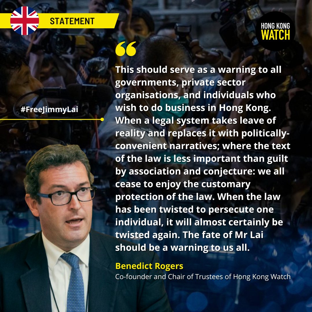 Hong Kong Watch condemns today’s sentencing of #JimmyLai under #HongKong’s National Security Law. International governments, especially <a href="/GOVUK/">GOV.UK</a>, must act urgently to secure his freedom on humanitarian grounds.

Read our statement: hongkongwatch.org/all-posts/2026…

#FreeJimmyLai
