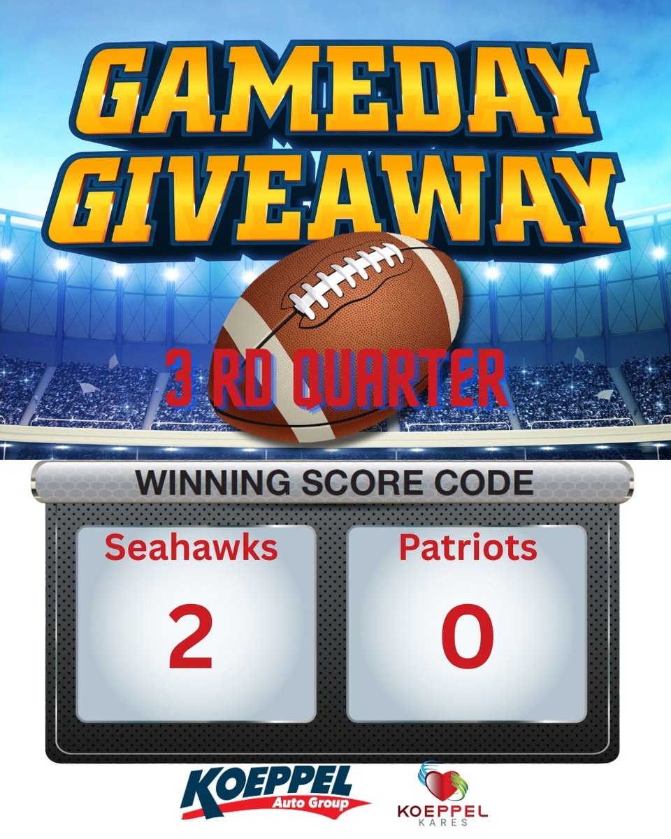 AutoKoeppel's tweet photo. Third Quarter. Third Winning Score.
Congrats to our Koeppel Game Day Giveaway winners. Stay tuned. Final chance to win coming soon. 🏈
 #GameDayGiveaway #WinningScore #SeahawksVsPatriots #KoeppelAutoGroup https://t.co/kQAGGZaABa