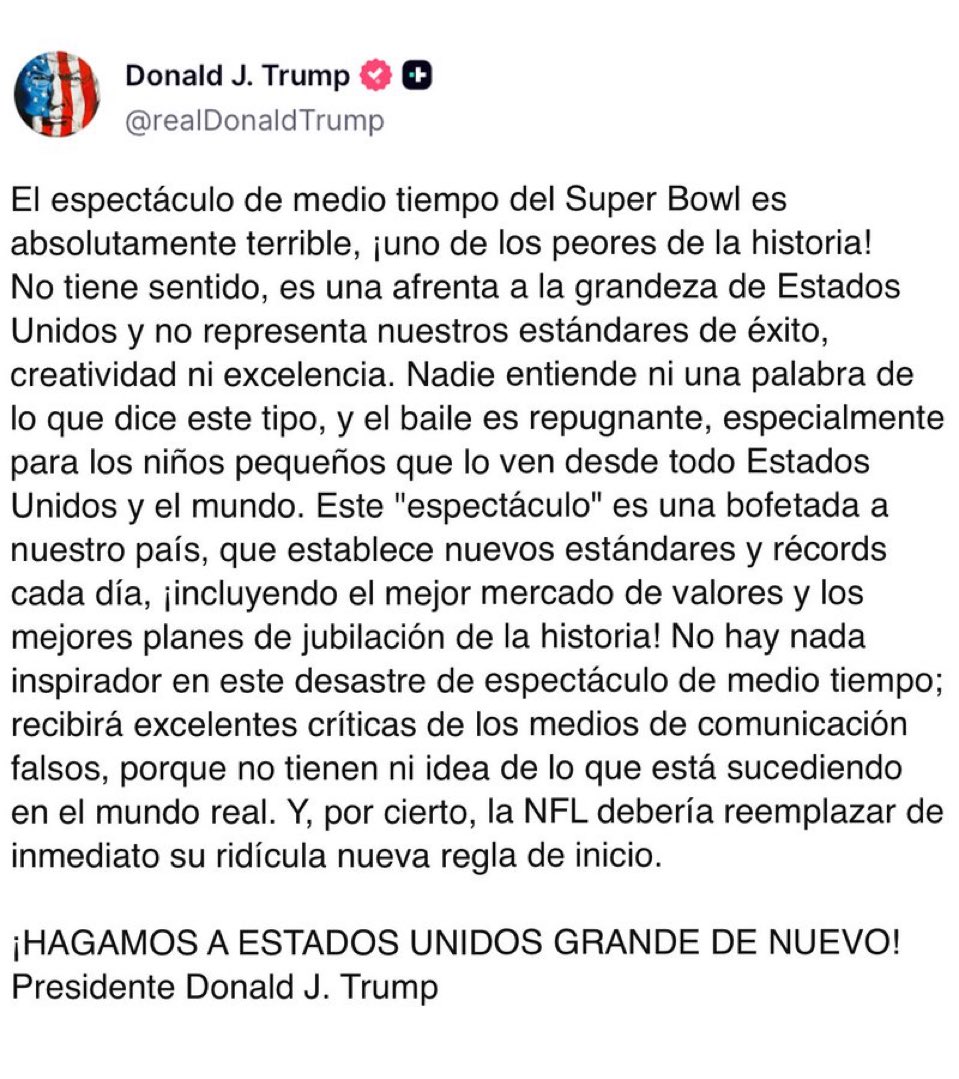 🇺🇸 | La postura de Donald Trump sobre el #Halftime del Súper Bowl de Bad Bunny.