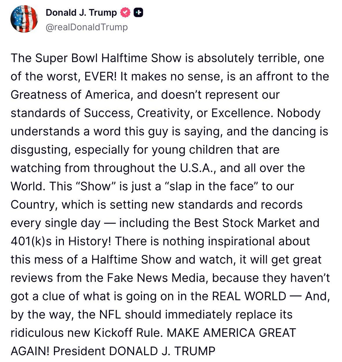 EnsedeCiencia's tweet image. 🇺🇸 | ÚLTIMA HORA: 

Donald Trump criticó la actuación de Bad Bunny en el #SuperBowl:   

“Nadie entiende ni una palabra de lo que dice este tipo, y el baile es repugnante, sobre todo para los niños pequeños que lo ven…”