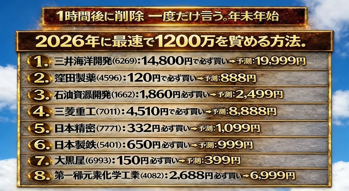 miya_no22's tweet photo. ほぼ確実に儲かるのに、なぜみんなやらないのか不思議。
200株でいい。 今やらない理由がない
後続の売却時期につきましては、事前に告知いたします
最後にもう一度強調しますが、日本株で負けたくない方は、このアカウントをもっとチェックしてください。毎日最新の情報をシェアしています。 https://t.co/5d4uXkFsiv